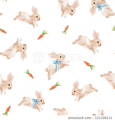 Baby rabbit pattern in beige adorned with carrots and ribbon bows. This cute spring and Easter bunny surface design features adorable watercolor hand-drawn rabbits. 122198212