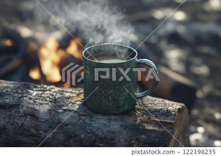 Enjoying warm coffee from a rustic mug by a cozy campfire in the woods on a chilly morning Enjoying warm coffee from a rustic mug by a cozy campfire in the woods on a chilly morning 122198235