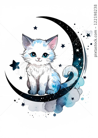 Cute watercolor illustration of the moon and white cat 122198238