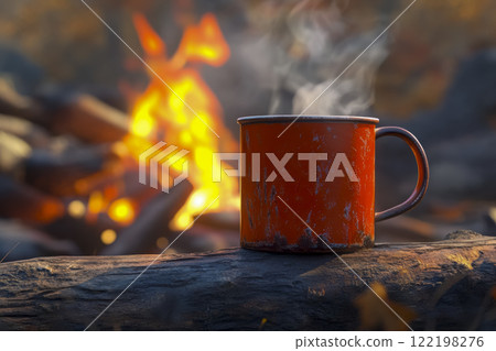Enjoying a warm drink by the campfire surrounded by autumn foliage during a chilly evening 122198276