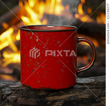 Steam rises from a red camping mug placed on a log by a crackling campfire at dusk Steam rises from a red camping mug placed on a log by a crackling campfire at dusk 122198277