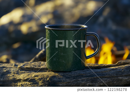 Warm cup of coffee resting on a log by a campfire during a peaceful evening in nature 122198278