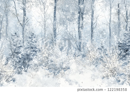 Winter landscape with snow-covered trees and serene atmosphere in a tranquil forest 122198358