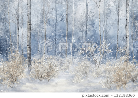 Winter landscape with snow-covered trees and bushes creating a serene atmosphere in the forest 122198360