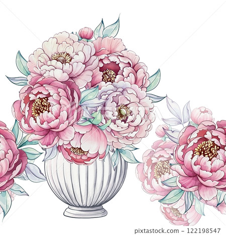 A beautiful arrangement of soft pink peonies in a classic vase showcases the delicate artistry of watercolor floral elegance seamless pattern, ornament A beautiful arrangement of soft pink peonies in a classic vase showcases the delicate artistry of watercolor floral elegance seamless pattern, ornament 122198547