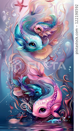 Whimsical aquatic fantasy: colorful fish and bubbles in dreamy underwater scene Whimsical aquatic fantasy: colorful fish and bubbles in dreamy underwater scene 122198592