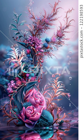 Vibrant underwater fantasy: dreamy floral and coral composition 122198593