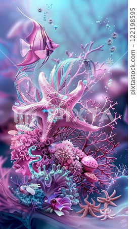 Vibrant marine life: starfish and coral in an enchanting underwater scene 122198595