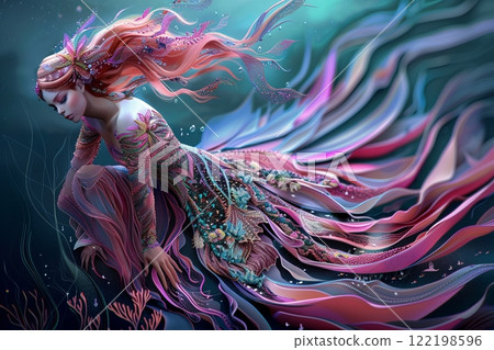 Enchanting mermaid in oceanic fantasy realm with flowing colorful hair and dress 122198596