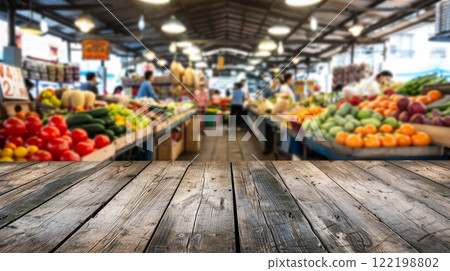 Vibrant farmers market with fresh produce and wooden counter in foreground Vibrant farmers market with fresh produce and wooden counter in foreground 122198802