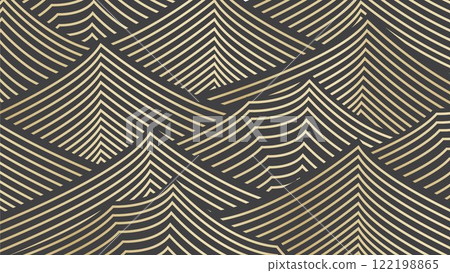 Abstract background with black and gold hand drawn line pattern in Japanese style vector. wave and mountain art template. Banner design and wallpaper in vintage style. 122198865