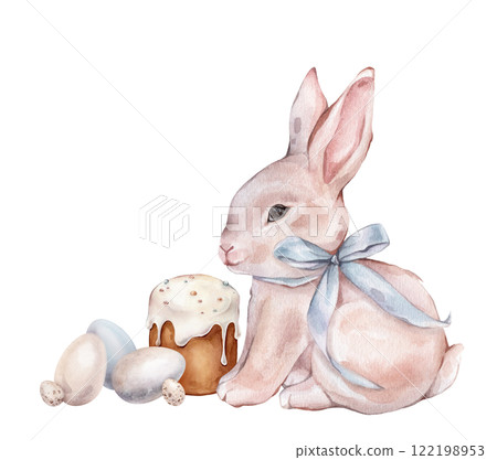Watercolor hand drawn Illustration of Easter Bunny or rabbit and Kulich with White Icing and Colorful Sprinkles. Colored Chicken and quail eggs and Traditional Easter cake and adorneds. Watercolor hand drawn Illustration of Easter Bunny or rabbit and Kulich with White Icing and Colorful Sprinkles. Colored Chicken and quail eggs and Traditional Easter cake and adorneds. 122198953