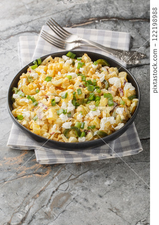 Mexican Street Corn Potato Salad with spicy jalapenos, boiled eggs, fresh green and red onions, and salty cotija cheese closeup on the plate. Vertical 122198988