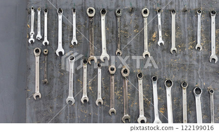 Hand tools neatly displayed on a vertical board in a workshop. An array of wrenches organized by size. This setup highlights precision, craftsmanship, and the essence of tools in mechanical work. 122199016