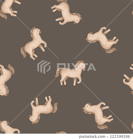 Seamless pattern with cartoon animal. Hand drawn illustration of beige brown cute horse on isolated background. Minimalist scandinavian repeat pattern. Even-toed ungulates. Rural farm animals. 122199106