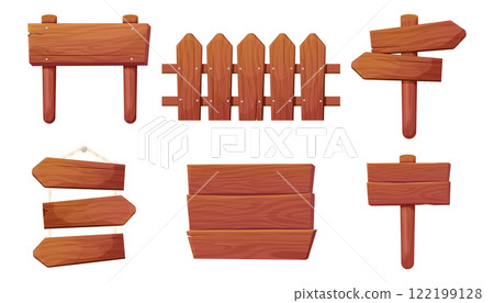 Wood plank signboard frame wooden texture game signpost, fence farm garden or jungle pointing panel. Set menu ui design. Outdoor empty textured arrow 122199128