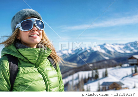Woman Enjoying Winter Outdoors With Scenic Mountain View 122199157