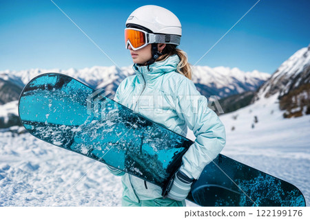 Female Snowboarder Enjoying Winter Sports in Scenic Mountain Landscape 122199176