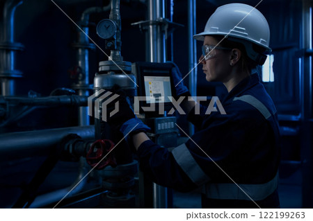Engineer Monitoring Industrial Equipment in a Modern Facility 122199263