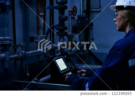 Industrial Technician Monitoring Equipment in Dimly Lit Facility Using Advanced Systems 122199265