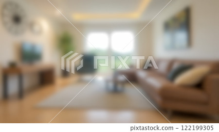 Blurred background living room interior with elegant furniture, cozy sofa, bright windows, soft light, minimalist decor, wooden floor, modern design 122199305