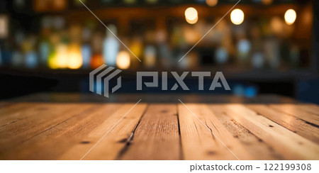 Vacant bar countertop and stools in inviting pub environment, product placement, showcasing beverages, food items, or promotional materials, background for advertising and marketing 122199308