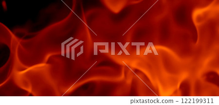 Flame on black background graphic element overlay, digital illustration for design projects with fiery abstract burning hot light pattern and glowing effects 122199311