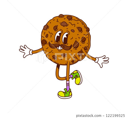 Funny chocolate cookie groovy hippie dessert, sweet or candy character with vintage mustaches, lively expression and retro sneakers. Cartoon vector round pastry with chocolate chips cheerfully dancing Funny chocolate cookie groovy hippie dessert, sweet or candy character with vintage mustaches, lively expression and retro sneakers. Cartoon vector round pastry with chocolate chips cheerfully dancing 122199325