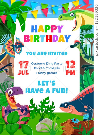 Happy birthday party flyer with funny dinosaur characters and garland in jungle forest vector background. Cartoon cute prehistoric dinosaurs and baby dino in egg shell kids birthday party flyer Happy birthday party flyer with funny dinosaur characters and garland in jungle forest vector background. Cartoon cute prehistoric dinosaurs and baby dino in egg shell kids birthday party flyer 122199326