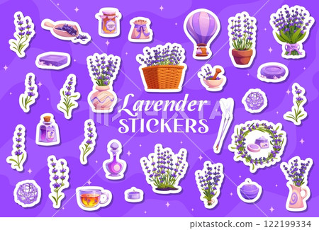 Cartoon stickers pack of lavender flowers and herbal Provence cosmetics, vector icons. Lavender stickers of soap and SPA cream, French aromatherapy candles and oil essence with air balloon and tea 122199334