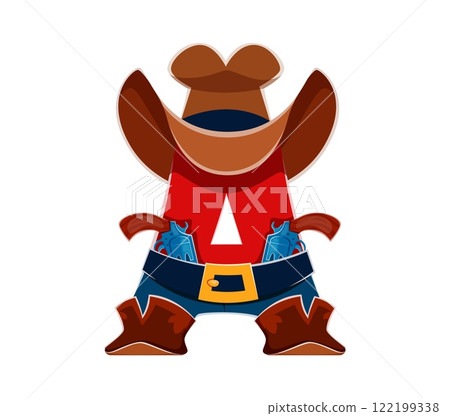 Letter A as Western cowboy font, wild west typeface, type, sheriff English alphabet cartoon complete with hat, boots and guns on a belt. Vector abc character representing a western Texas cowpuncher 122199338