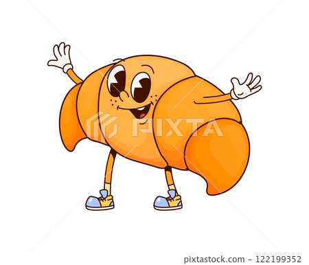 Funny groovy croissant character. Isolated cartoon vector breakfast pastry with a vintage flair. Sweet, cute freshly baked croissant retro dessert food personage embodying nostalgic 70s inspired vibe 122199352