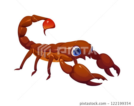 Cartoon scorpion funny insect character with big blue eyes dangerous sting and claws. Isolated vector desert pest predator, poisonous animal personage for children books or games, zodiac symbol Cartoon scorpion funny insect character with big blue eyes dangerous sting and claws. Isolated vector desert pest predator, poisonous animal personage for children books or games, zodiac symbol 122199354