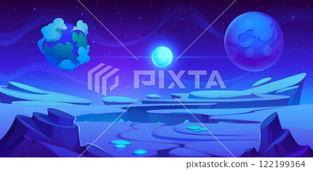 Frozen ice blue space planet landscape cartoon background, vector game UI. Fantasy blue planet and cloudy satellites of alien universe galaxy with ice surface, rock and mountain. Space game background 122199364