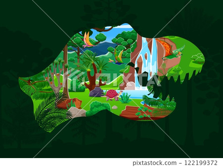 T rex tyrannosaurus dinosaur silhouette. Jurassic era landscape vector background with with dimorphodon, tapejara, quetzalcoatlus, carbonemys dinosaurs cartoon characters, waterfall and jungle forest 122199372