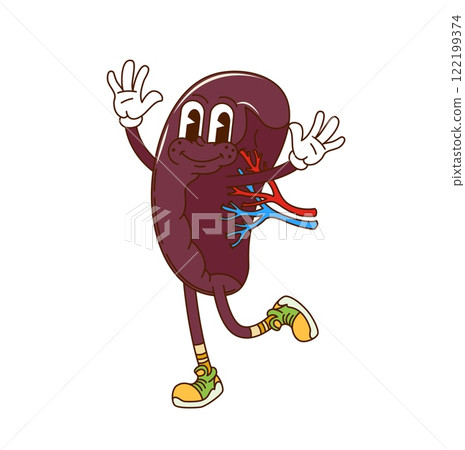 Cartoon groovy human spleen funny character. Human anatomy, physiology and biology healthy kidney groovy vector cute personage. Urinary system healthcare blood filtering internal organ happy character Cartoon groovy human spleen funny character. Human anatomy, physiology and biology healthy kidney groovy vector cute personage. Urinary system healthcare blood filtering internal organ happy character 122199374