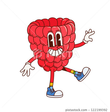 Cartoon groovy raspberry fruit character. Isolated vector ripe and healthy retro berry personage with large eyes, retro sneakers, toothy smile and cheerful facial expression standing on the one leg 122199392
