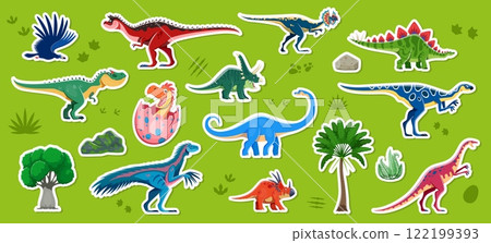 Dinosaur characters stickers of cartoon prehistoric dino lizards, vector icons. Kids funny dinosaurs collection of Jurassic dino lizards and eggs of cartoon allosaurus, stegosaurus and datousaurus 122199393