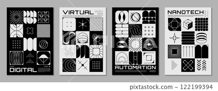 Retro brutal y2k posters of abstract geometric shapes and figures grid pattern. Vector aesthetic graphic posters set with trendy brutal black white stars, wireframe globe, y2k sun and cross line forms Retro brutal y2k posters of abstract geometric shapes and figures grid pattern. Vector aesthetic graphic posters set with trendy brutal black white stars, wireframe globe, y2k sun and cross line forms 122199394