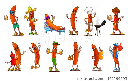 Cartoon groovy sausage characters of retro hippie meat food. Funny groovy sausages vector personages at barbecue party with grill, hot dogs, beer and cocktails, sunglasses, sombrero and chef hat 122199395