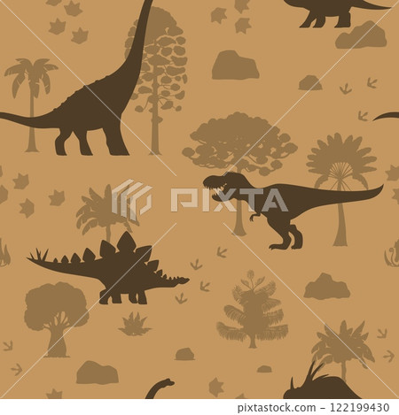 Prehistoric dinosaurs seamless pattern. Jurassic dinos vector background with silhouettes of tyrannosaurus rex, stegosaurus, styracosaurus and titanosauria. Dinosaurs, palm trees, footprints pattern 122199430