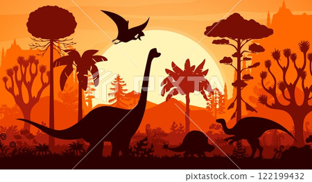 Prehistoric dinosaurs silhouettes in tropical jungle forest sunset landscape vector background. Jurassic brachiosaurus, probactrosaurus, tapejara and doedicurus dinosaur animals and tree silhouettes Prehistoric dinosaurs silhouettes in tropical jungle forest sunset landscape vector background. Jurassic brachiosaurus, probactrosaurus, tapejara and doedicurus dinosaur animals and tree silhouettes 122199432