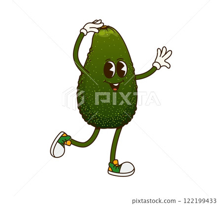 Groovy retro cartoon avocado fruit funny character with cute face, vector emoji. Groovy avocado with cute smile and funky hipster shoes, fruit food silly character and retro cartoon personage Groovy retro cartoon avocado fruit funny character with cute face, vector emoji. Groovy avocado with cute smile and funky hipster shoes, fruit food silly character and retro cartoon personage 122199433