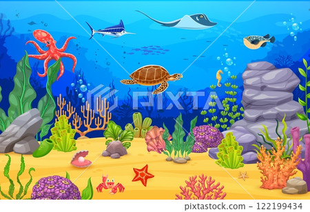Sea underwater landscape with ocean animals and fishes, vector cartoon background. Undersea landscape with funny octopus, turtle and fugu fish with marlin and stingray in coral reef seaweeds 122199434