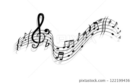 Song and music wave with notes on lines and clef. Orchestra melody notes wave pattern. Symphony vintage isolated vector backdrop or classic music concert sound monochrome background Song and music wave with notes on lines and clef. Orchestra melody notes wave pattern. Symphony vintage isolated vector backdrop or classic music concert sound monochrome background 122199436