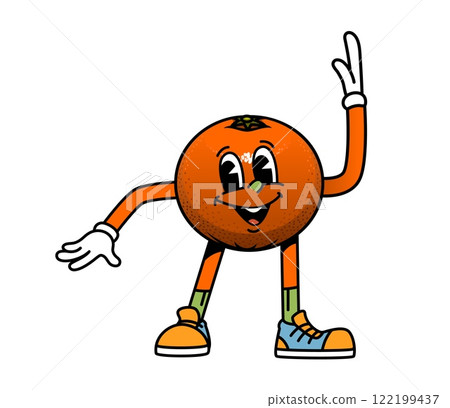 Cartoon groovy orange fruit character with happy face and cute smile, vector emoji. Groovy orange with silly emotion of positive vibes and happiness in hipster shoes for fruit retro cartoon character Cartoon groovy orange fruit character with happy face and cute smile, vector emoji. Groovy orange with silly emotion of positive vibes and happiness in hipster shoes for fruit retro cartoon character 122199437