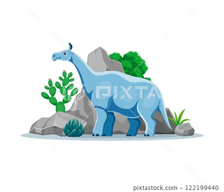 Indricotherium prehistoric dinosaur in natural landscape with lush plants, cacti and rocks. Cartoon vector four-legged dino character known as Paraceratherium lived in late Eocene to early Oligocene Indricotherium prehistoric dinosaur in natural landscape with lush plants, cacti and rocks. Cartoon vector four-legged dino character known as Paraceratherium lived in late Eocene to early Oligocene 122199440