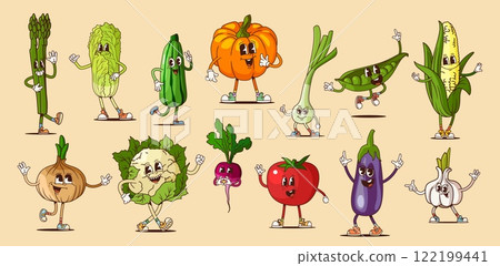Funny groovy vegetables characters with happy expressions. Cartoon vector fresh and ripe veggies asparagus, cucumber, onion, pumpkin and tomato, eggplant, radish, squash and garlic with green peas pod Funny groovy vegetables characters with happy expressions. Cartoon vector fresh and ripe veggies asparagus, cucumber, onion, pumpkin and tomato, eggplant, radish, squash and garlic with green peas pod 122199441