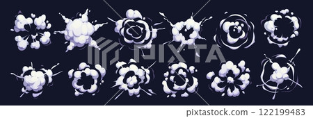 Smoke cloud explosion, bomb blast cartoon effects, vector game UI. Comic boom effects with white smoke clouds, fire flashes, dust and steam air motion trails, bomb explosion power and blast set Smoke cloud explosion, bomb blast cartoon effects, vector game UI. Comic boom effects with white smoke clouds, fire flashes, dust and steam air motion trails, bomb explosion power and blast set 122199483