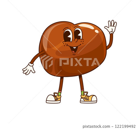 Groovy chocolate candy sweet character expressing joy and energy. Isolated vector confection pastry retro personage with friendly smile, waves cheerfully while wearing sneakers with fun and happiness Groovy chocolate candy sweet character expressing joy and energy. Isolated vector confection pastry retro personage with friendly smile, waves cheerfully while wearing sneakers with fun and happiness 122199492